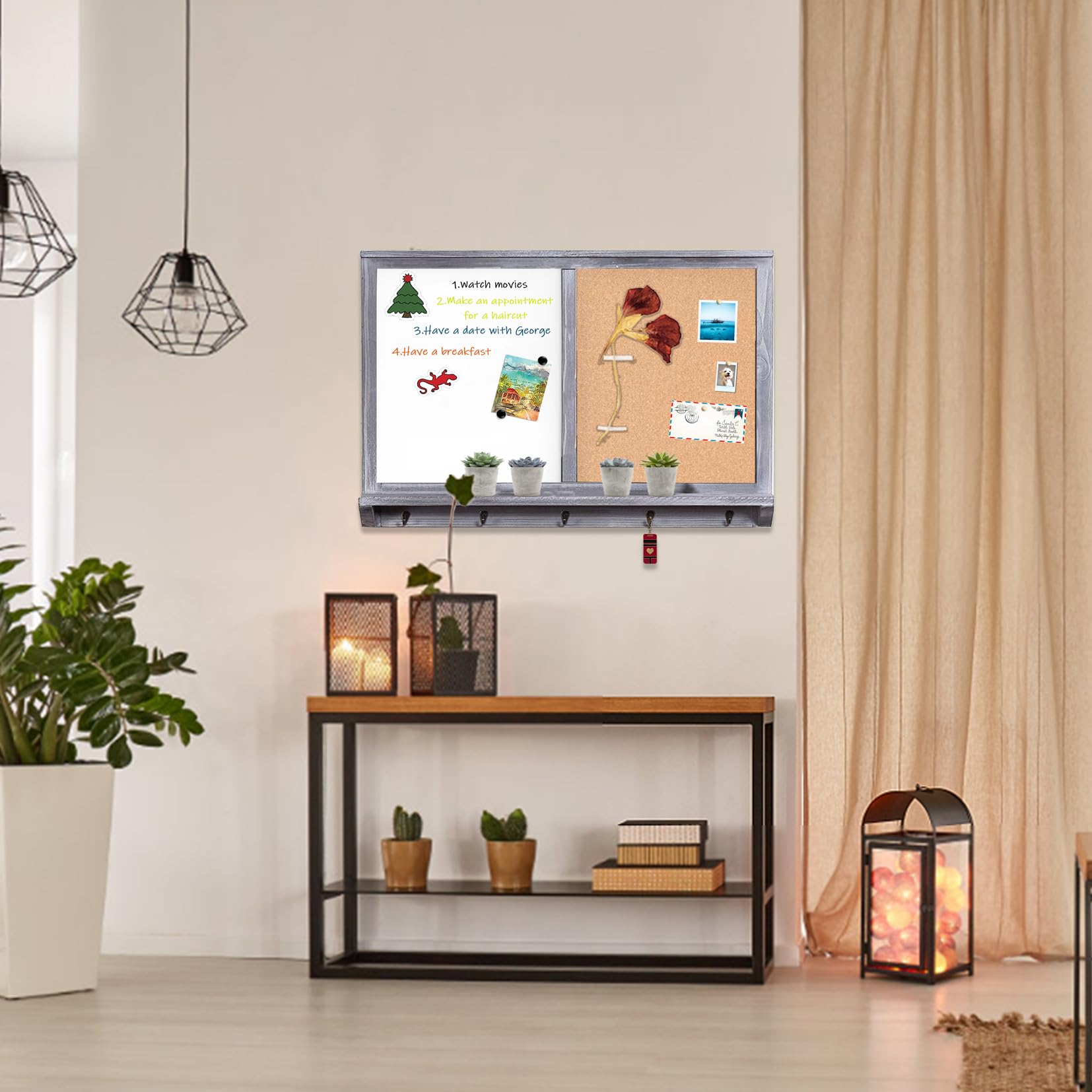 ZSB-6090GY, Wandmontiertes Whiteboard- und Korktafel, Wandschild mit Haken, Whiteboard und Pinnwand-Kombination, massives Kiefernholz, Vintage-Stil, grauer Rahmen, 60 x 90 cm