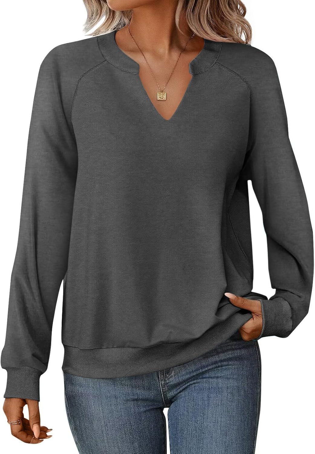 Womens Sweatshirts Long Sleeve V Neck Tops Fall Winter Basic Casual Lightweight Pullover Shirt Dark Gray