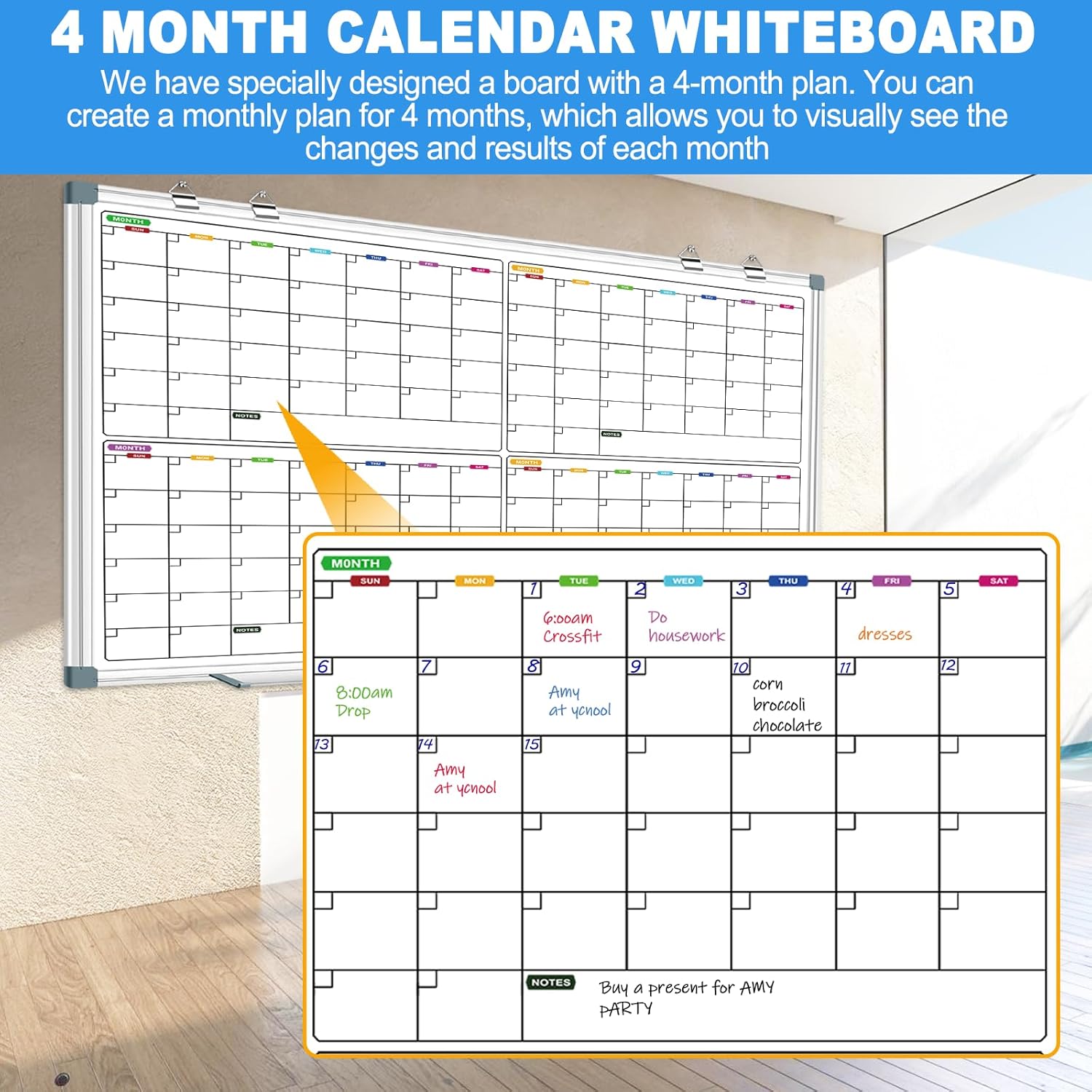 Magnetic Large Calendar Whiteboard for Wall 72" x 40", 4 Month Dry Erase Board Calendar for Wall Mounted Board, Big White Boards for Wall, Office White Board Planning Board for School, Home
