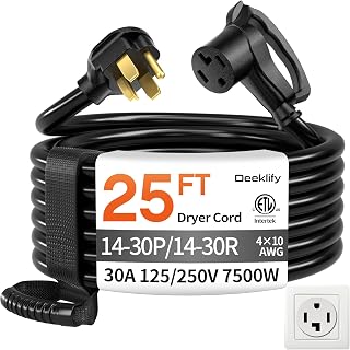 25FT 4 Prong Dryer Extension Cord, 30 AMP 10/4 Gauge, Black