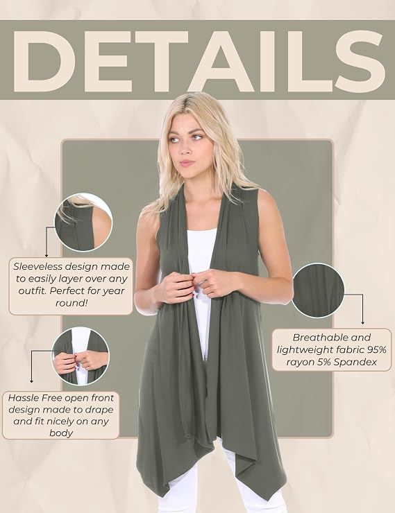 Popana Sleeveless Cardigans for Women, Flowy Dressy Open-Front Sleeveless Cardigan Vest Womens Long Sweater