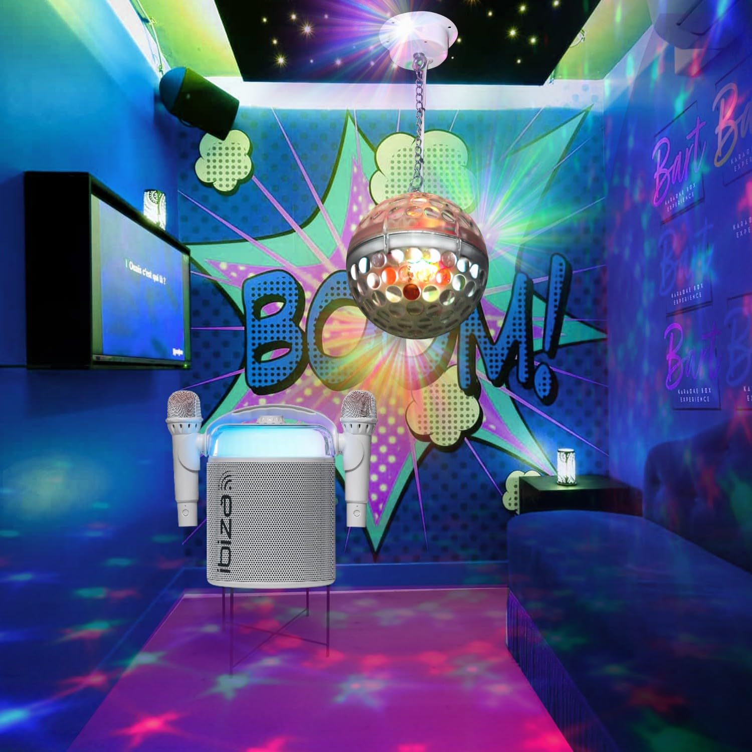 Ibiza Sound - Pack Karaoké Enceinte Portable Bluetooth sans Fil KARAHOME-WH 120W USB SD 2 micros - Boule Disco LEDs RGB Astro-BALL8 Enfant