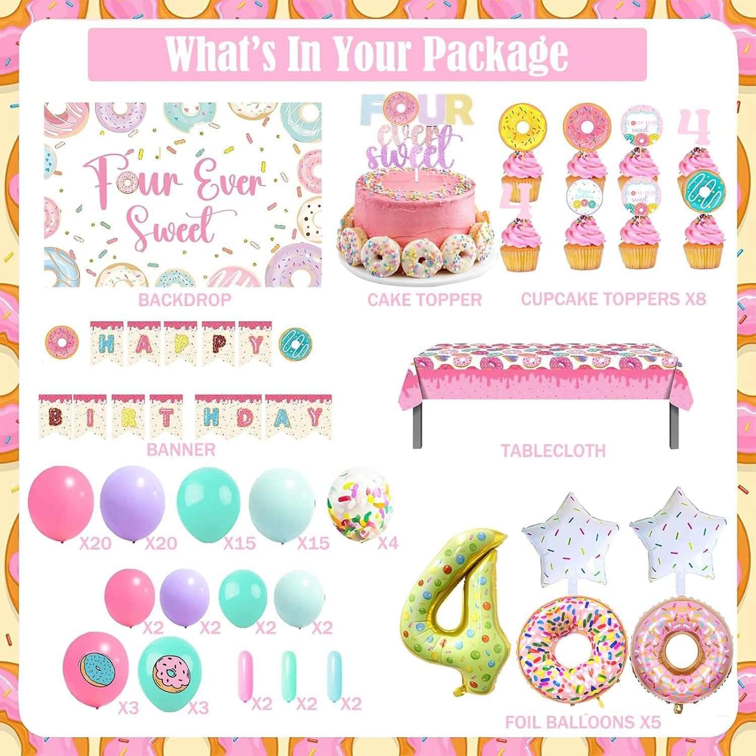 Four Ever Sweet Birthday Decorations – 116 PCs Girl Donut 4th Birthday Party Supplies with Four Ever Sweet Backdrop, Pink Donut Tablecloth, Colorful Balloon Garland Arch, Cake Topper image 2