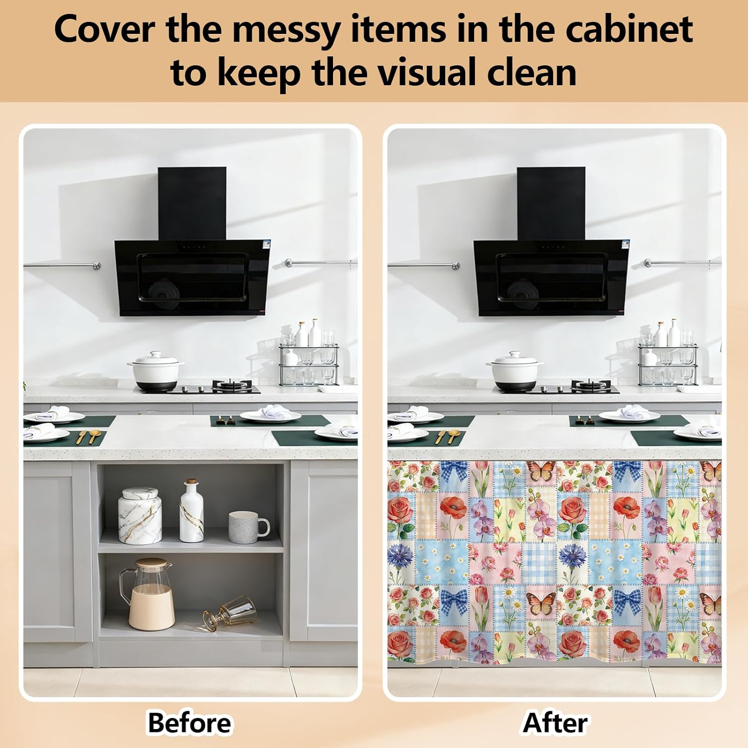Retro Floral Collage Cabinet Curtains 51.18 inch Long Sink Skirts Curtain for Kitchen Sewn Pattern Cabinet Curtains for Bedroom Bathroom Laundry Room