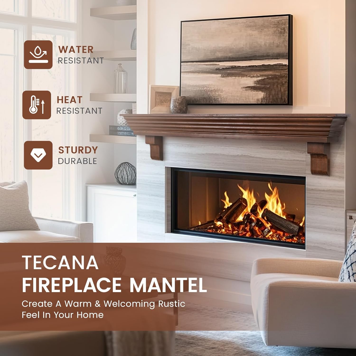 Wood Fireplace Mantel with Corbels - 60 Inch Rustic Floating Mantel Shelf for Living Room, Wall-Mounted Solid Fireplace Mantle with Angled Ends Decor for Bedroom, TV, Books, Walnut