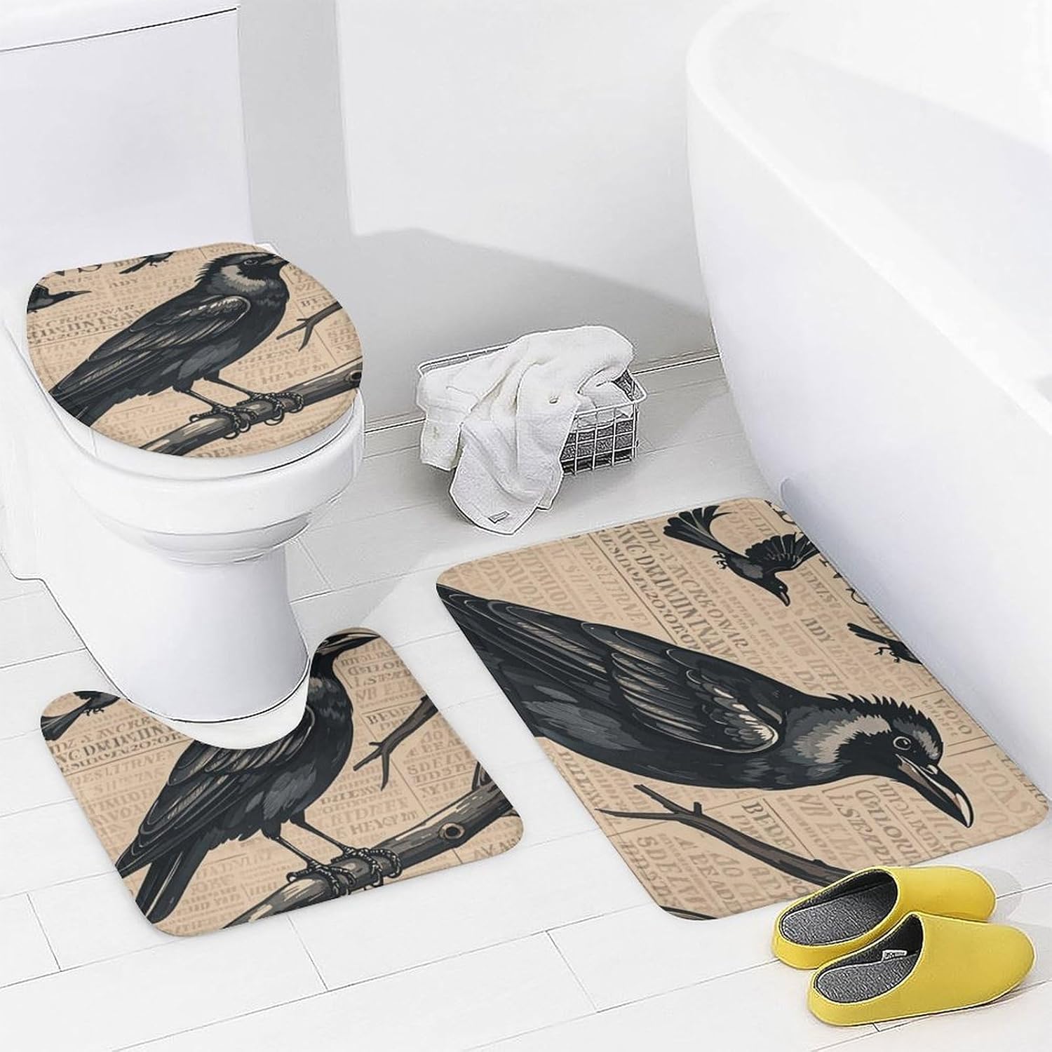 The Mysterious Crow Shower Curtain Set 4 Piece, Non-Slip Bath Mat with Toilet Lid Cover and Waterproof Shower Curtain with 12 Hooks, Complete Bathroom Set for Home Decor