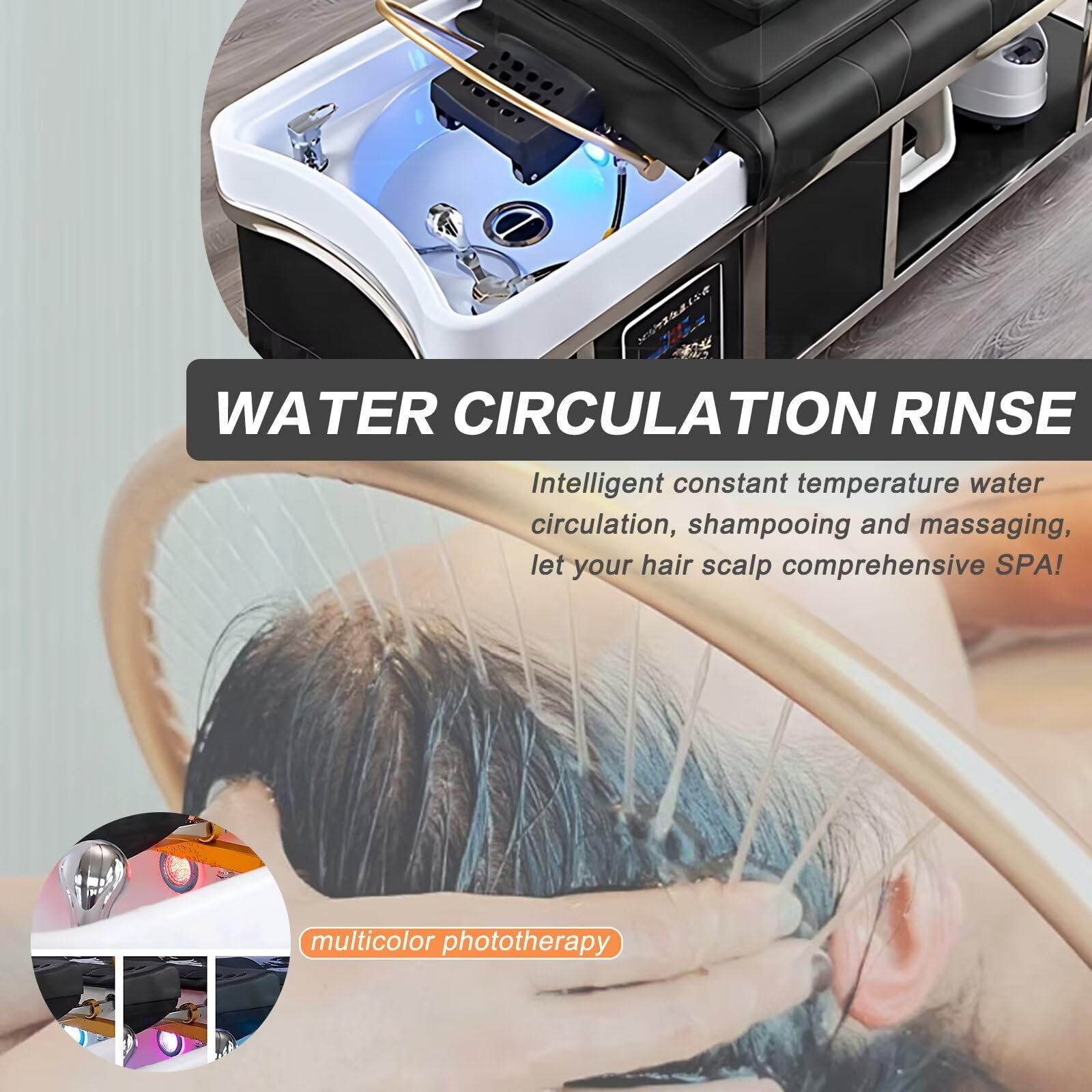 Professionelle Salon-Massage-Shampoo-Liege mit Kopf-Spa-Ausstattung, Wasserzirkulation, Begasung, Wassererhitzer, dickem, glattem Becken und Kosmetiktisch mit viel Stauraum (Schwarz)