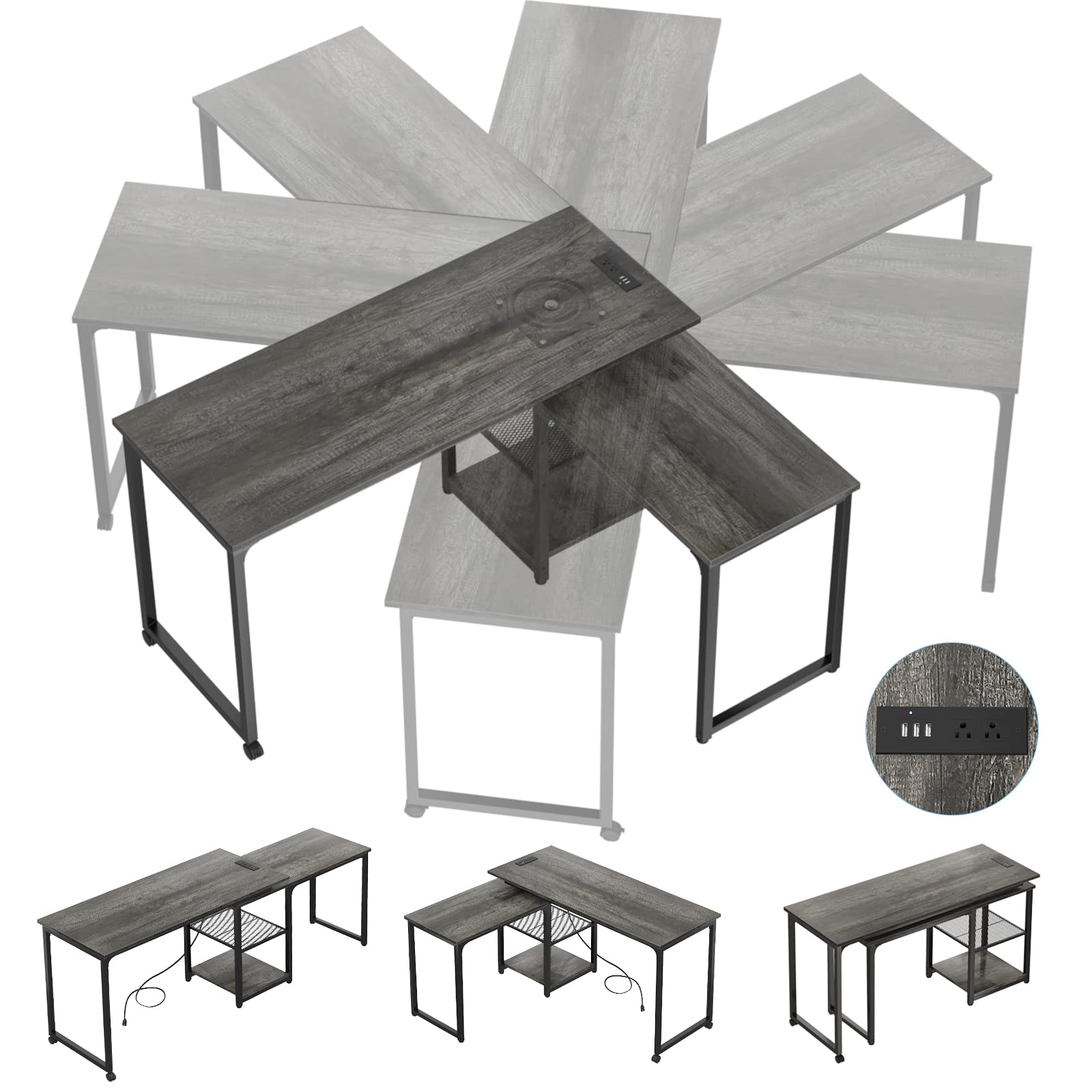 Buy armocity L Shaped Desk with Outlets and USB Ports, 360° Rotating L