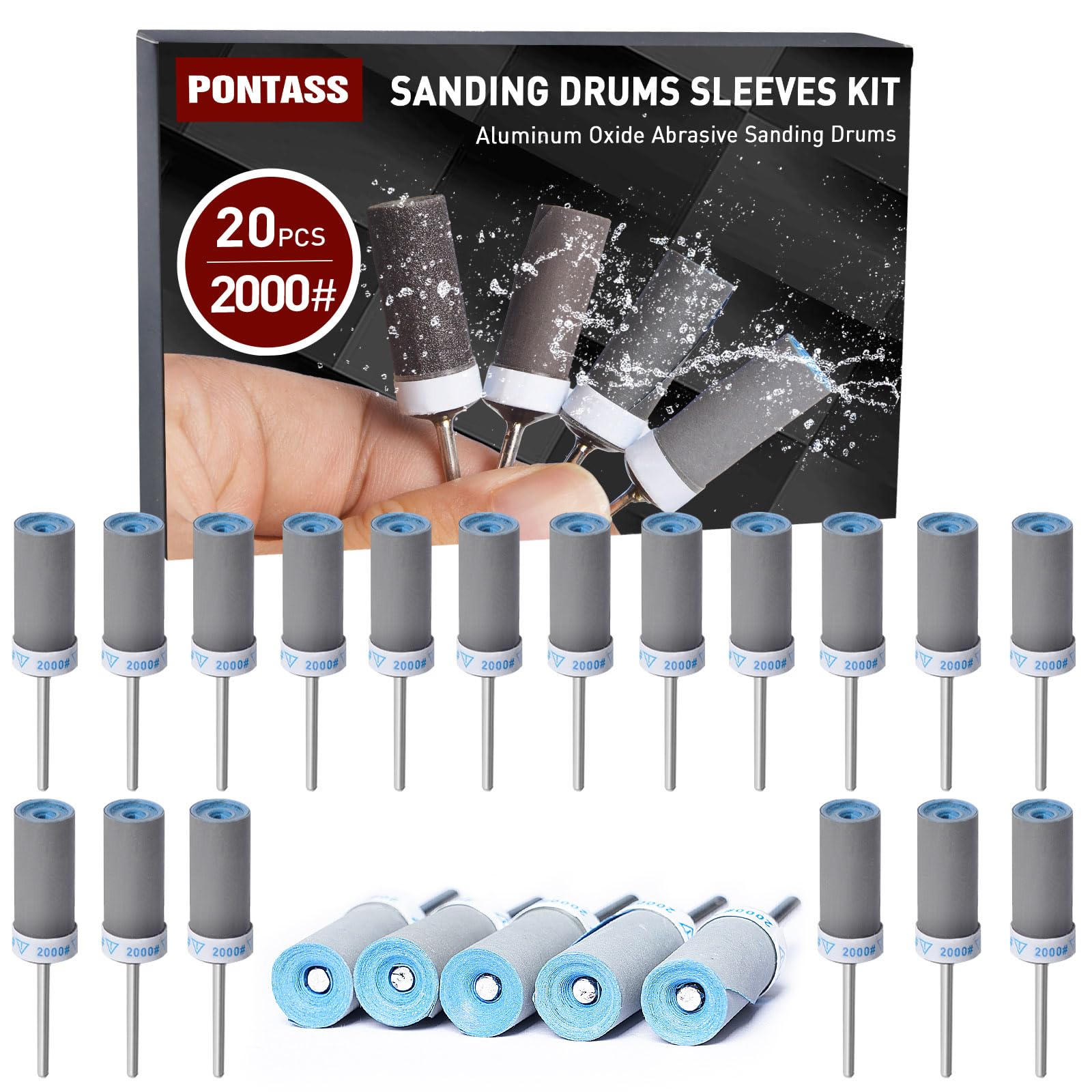 20Pcs Sanding Drum Bits for Rotary Tool Accessories, 2000 Grits Sanding Drums Sandpaper Sticks Set with 1/8"(3mm) Shank, Sanding Drill bit for Metal, Wood, Jade, Wall, Car Polishing Grinding