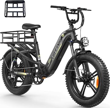 FREESKY Rocky Electric Bike for Adults Torque Sensor 48V 25Ah Samsung Cells,105 Miles 33MPH Step-Thru Cruiser,20" Fat Tire Full Suspension Cargo Bicycle, 8 Speed - Commuting & Leisure Riding & Trail