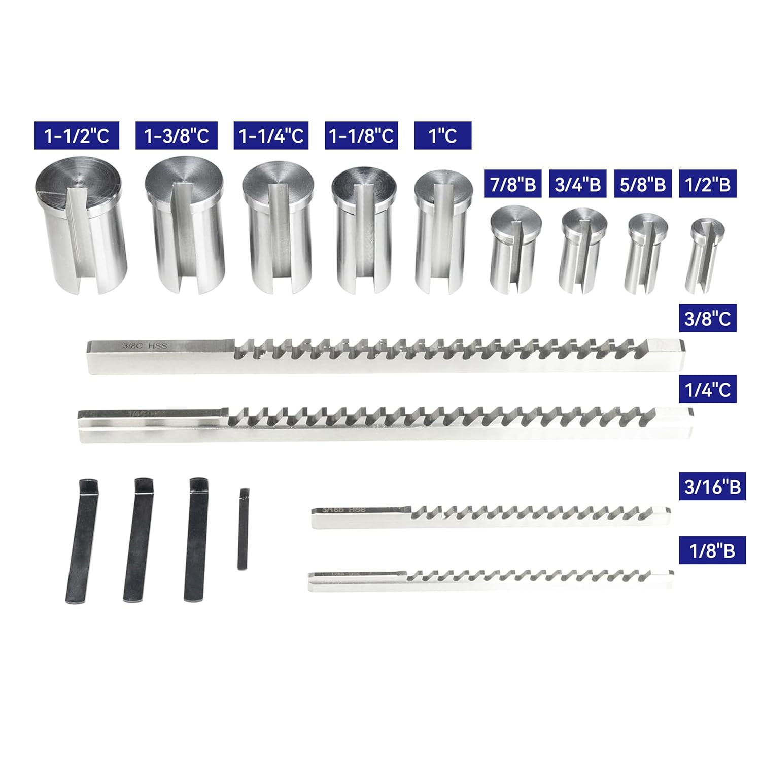 HFS(R) 18 PCS No.10 HSS Keyway Broach Set in Fitted Box, Precision Ground Teeth, 4 Broaches and 9 Bushings