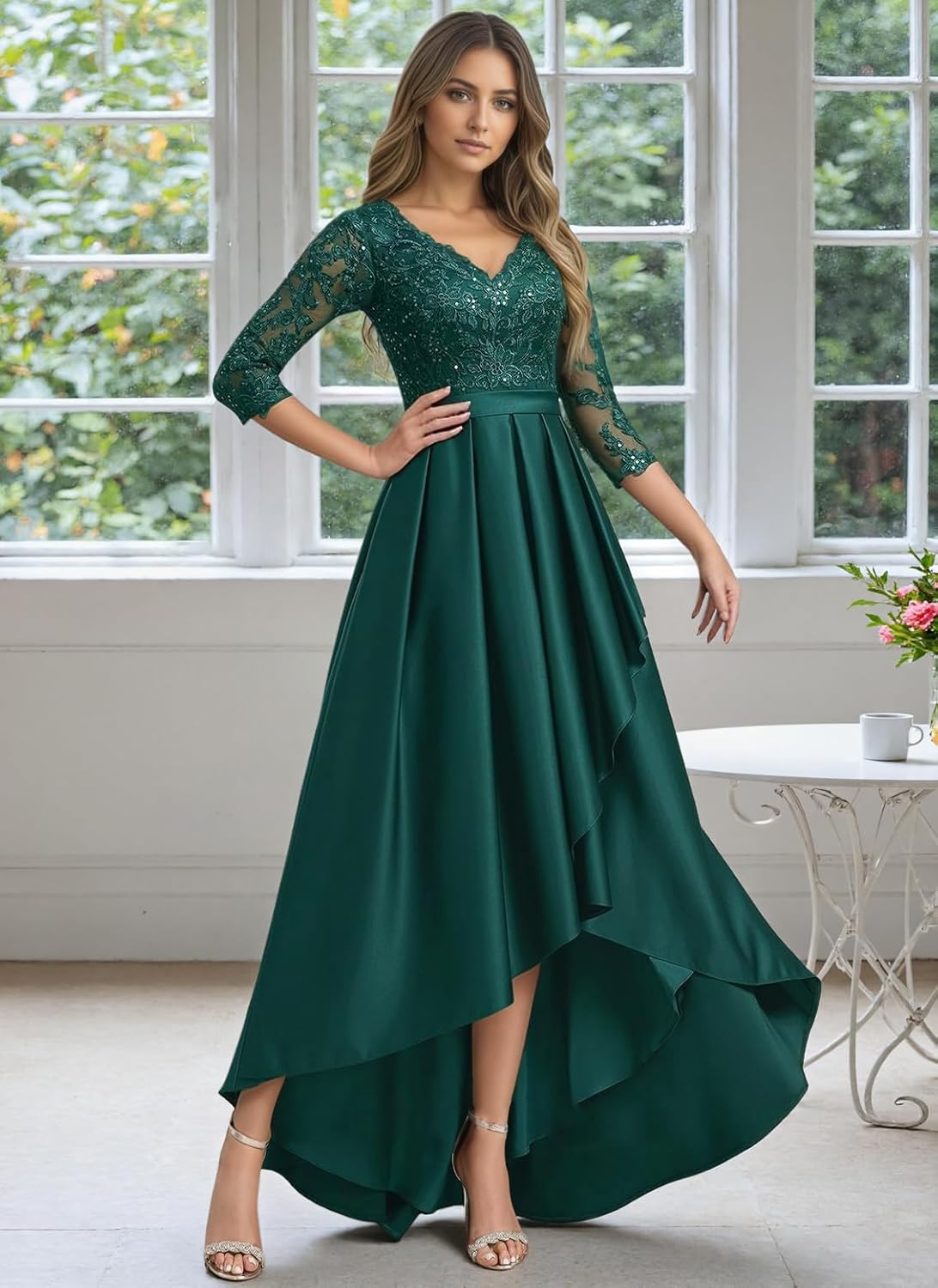 Lace 3/4 Sleeve Mother of The Bride Dresses Satin Ball Gown V Neck Hi-Low Formal Evening Gowns