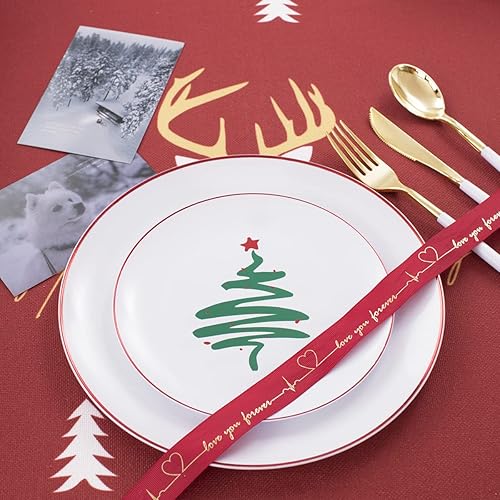 Miniatura 50 de LIYH 150 Pcs Plastic Christmas Dinnerware Set, Red Plastic Dinner Dessert Disposable Plates, Gold Silverware, Red Christmas Disposable Cups 10 OZ