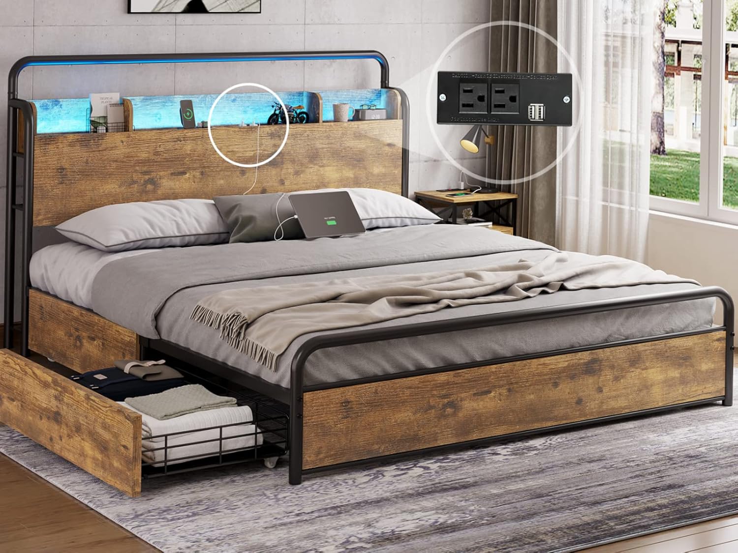 DICTAC Queen Bed Frame with Storage Headboard and Charging
