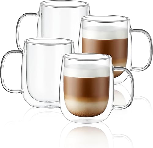 CNGLASS Tazas de café de vidrio de 12 onzas, juego de tazas aisladas de doble pared con asa, tazas de café de vidrio transparente para café con