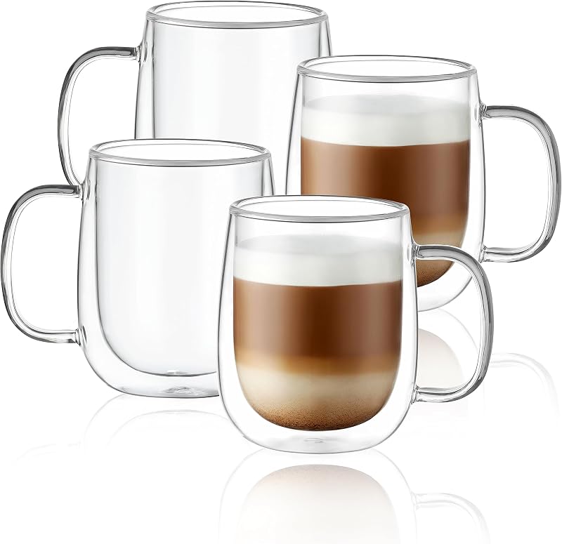 CNGLASS Tazas de café de vidrio de 12 onzas, juego de tazas aisladas de doble pared con asa, tazas de café de vidrio transparente para café con leche, capuchino, bolsa de té, bebidas frías y calientes, juego de 4