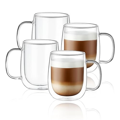 CNGLASS Glass Coffee Mugs 12oz,Double Wall Insulated Mug Set with