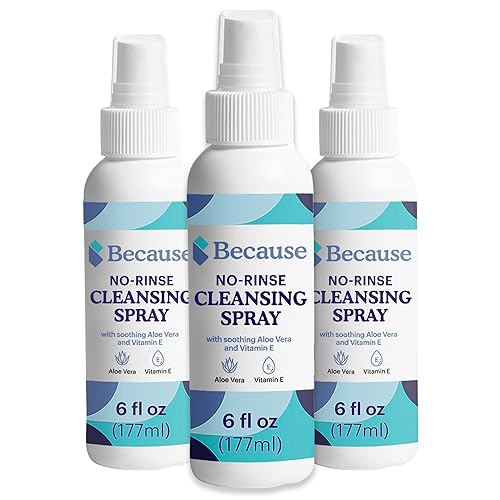 Because Spray limpiador para incontinencia sin enjuague, fórmula hidratante, pH equilibrado, sin parabenos, infundido con aloe vera nutritivo,