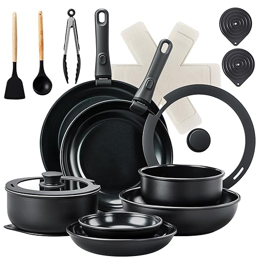 Bonnlo 23 PCS Non-Stick Cookware Set, Cast Aluminum Pots and Pans Set with Removable & Detachable Handles, Induction RV Kitchen Cook Set, Dishwasher Safe, PFAS PFOA & PFOS Free, for Home