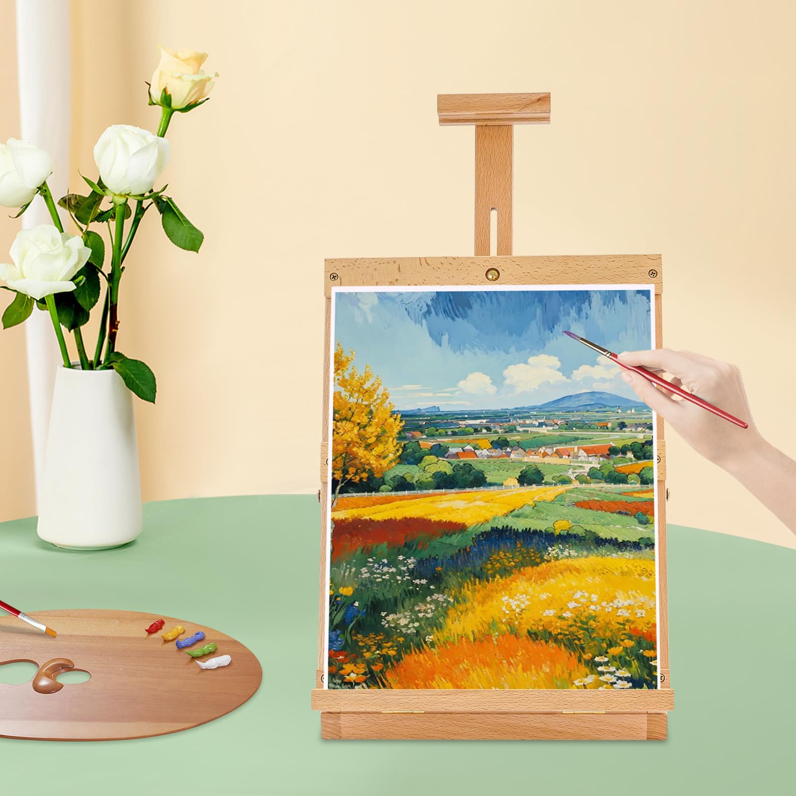Caballete de mesa de madera resistente con marco en H, soporta lienzo de hasta 30 x 32 cm, caballete de mesa ajustable de madera de haya para pintar lienzo, para adultos y principiantes