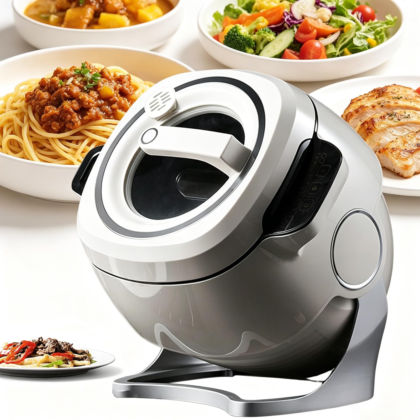 Macchina per Riso Fritto con Wok di Cottura Automatica, Macchina da Cucina Intelligente con Coperchio del Pentolino Visivo, Rotazione Automatica a 360°, Velocità a 3 Marce e Capacità di 6L, Robot