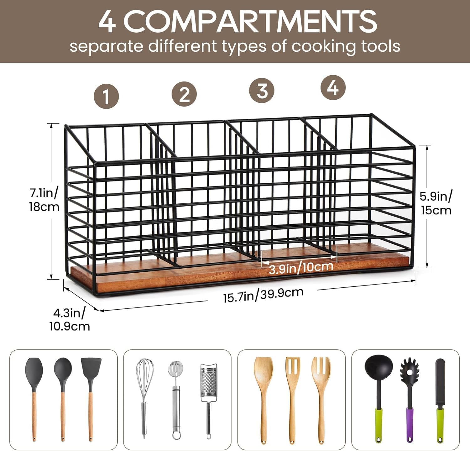 OGFC 5009 Large Utensil Holder for Kitchen Counter Black Metal Cooking VESSELS Organizer for Countertop 4 Compartments Kitchen Tools Holder for Spatula POTLID Crock Caddy 1