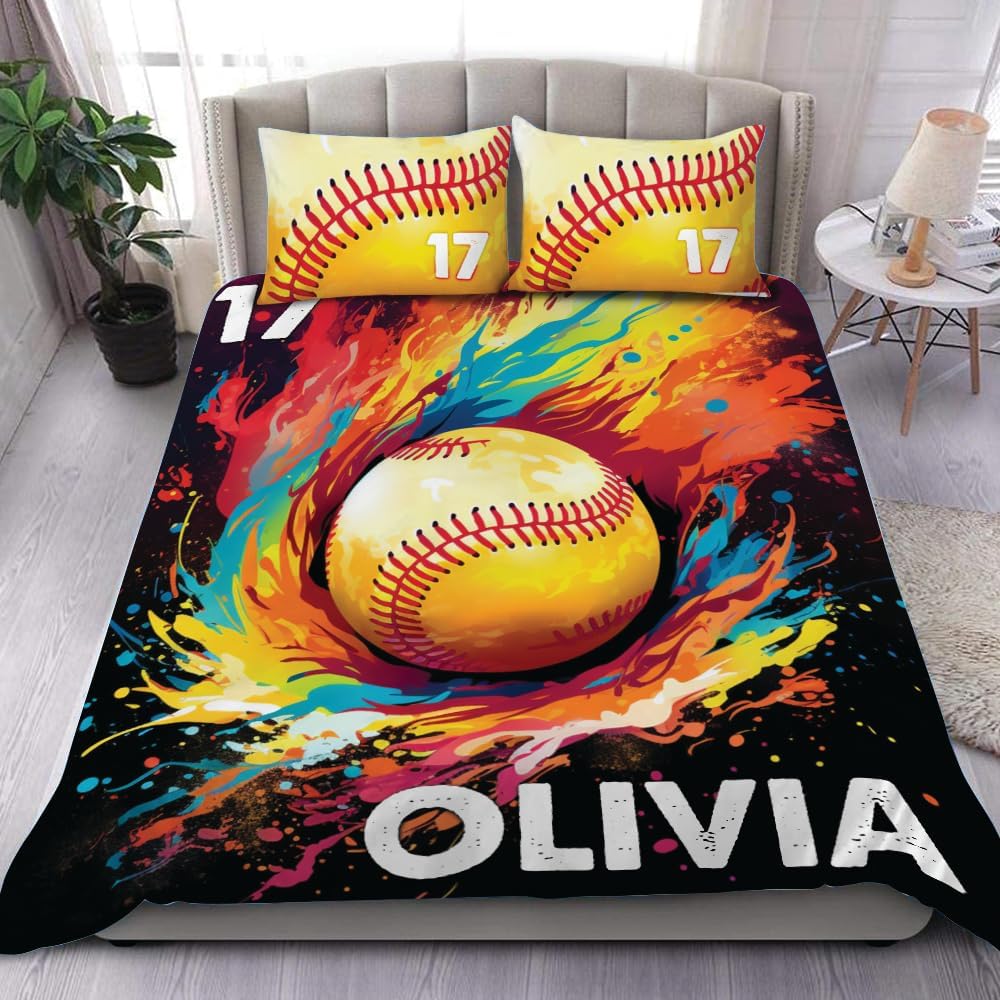 Softball Bedding Set Twin Size, Sports Quilt Gifts Comforter Sets for Boys Bedroom Decor, 3 Pcs (Softball 13)