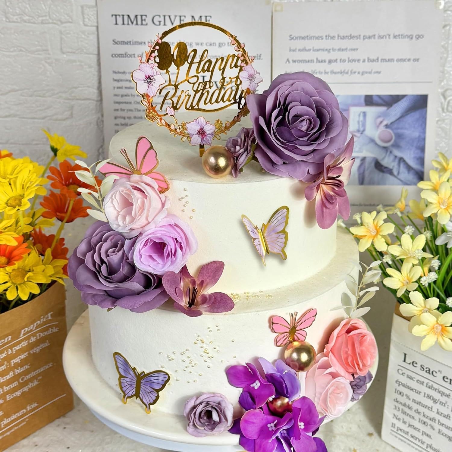 31Pcs Purple Floral Cake Decor Kit, Cake Decorations for Birthday