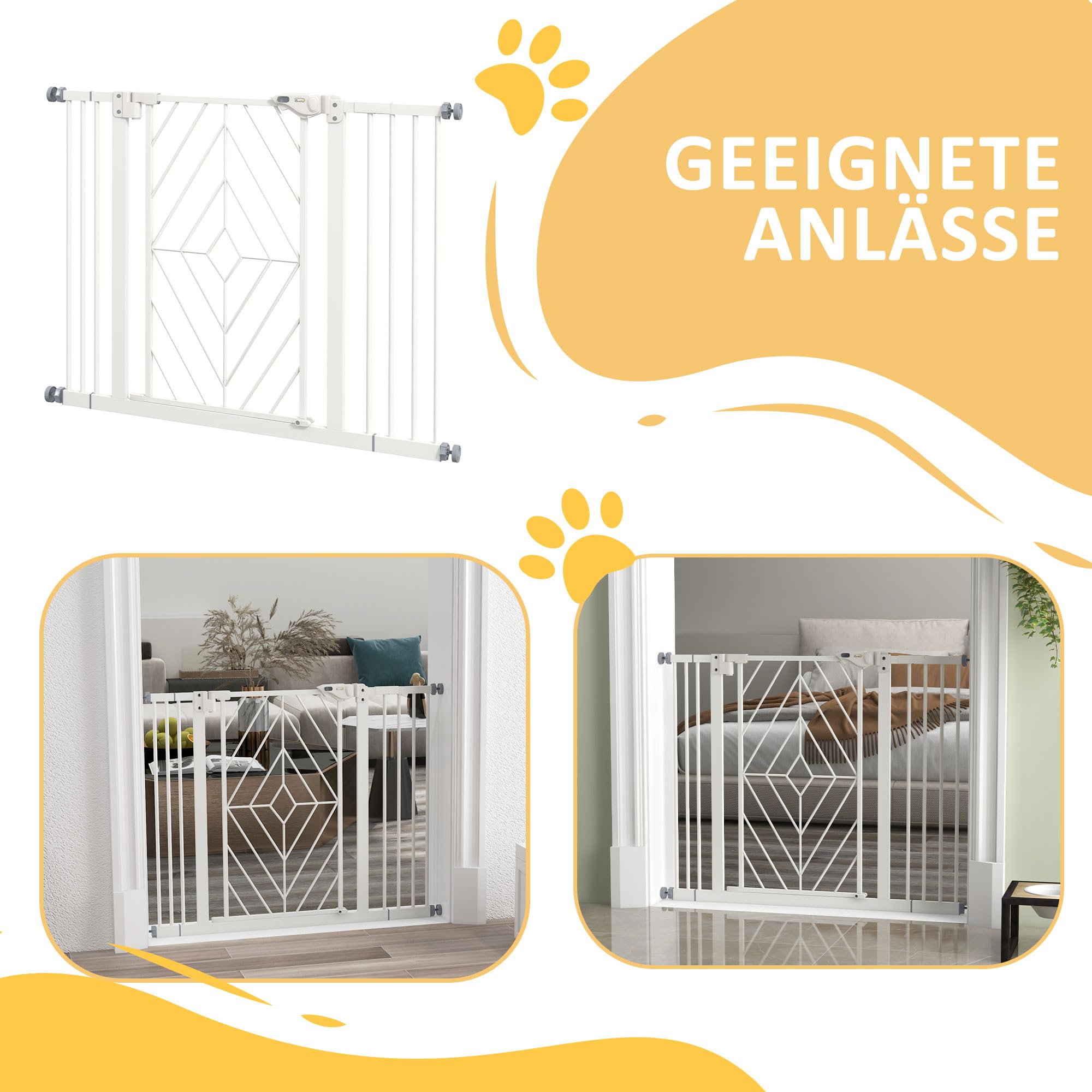 PawHut Puerta de Escalera para Perros, Puerta de Barrera para Perros con Puerta de Cierre automático, 74-100 cm, Puerta de protección, sin taladrar, Puerta de Barrera para Perros, Blanco