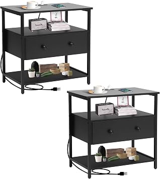 Nightstand with Charging Station, Bedside Table with Wooden Drawer, Night Stand with Storage, 27 inch Wide Nightstand, End Table for Bedroom, Living Room 2 PCS, Black