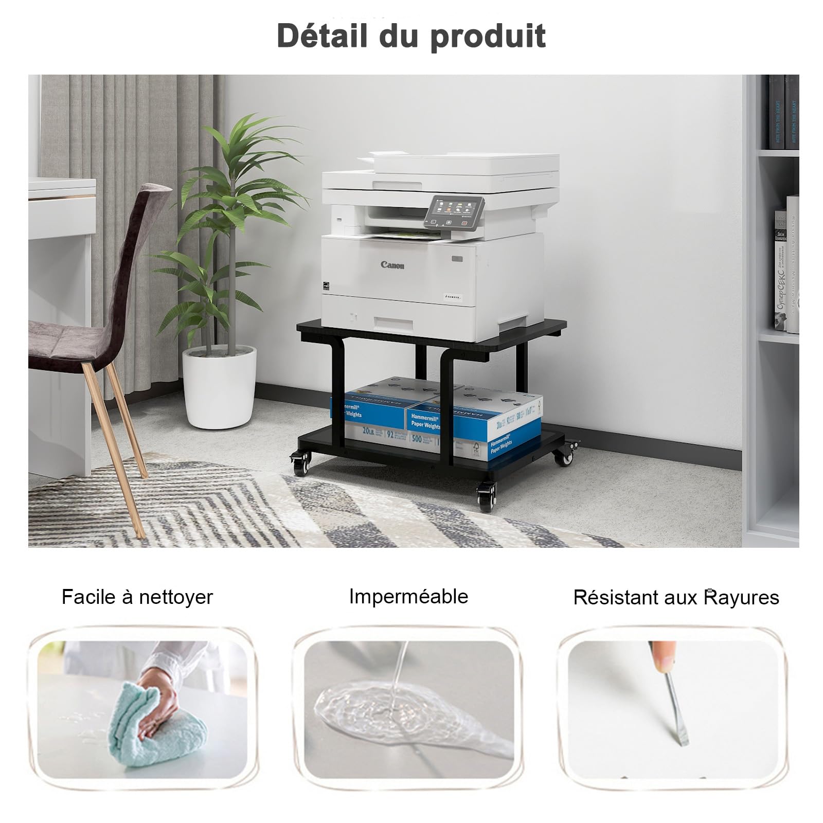 PUNCIA Support Imprimante à 2 Niveaux Meuble Bureau 60x50x38CM (Noir) | Table avec Roulettes Caisson Bureau de Rangement Organisateur de Stockage Charge de 70KG pour Bureau à Domicile