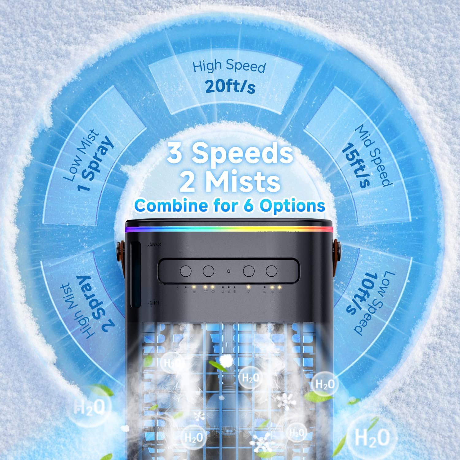 4-IN-1 Small Air Conditioner w/ 2Ice Packs, 16.5ft Remote, 1200ML Tank, 7H Smart Timer, 3Speed & 2Cool Mist Up to 100Sq.ft Personal Air Conditioner, 7Color Light Portable AC Unit for Bedrooms