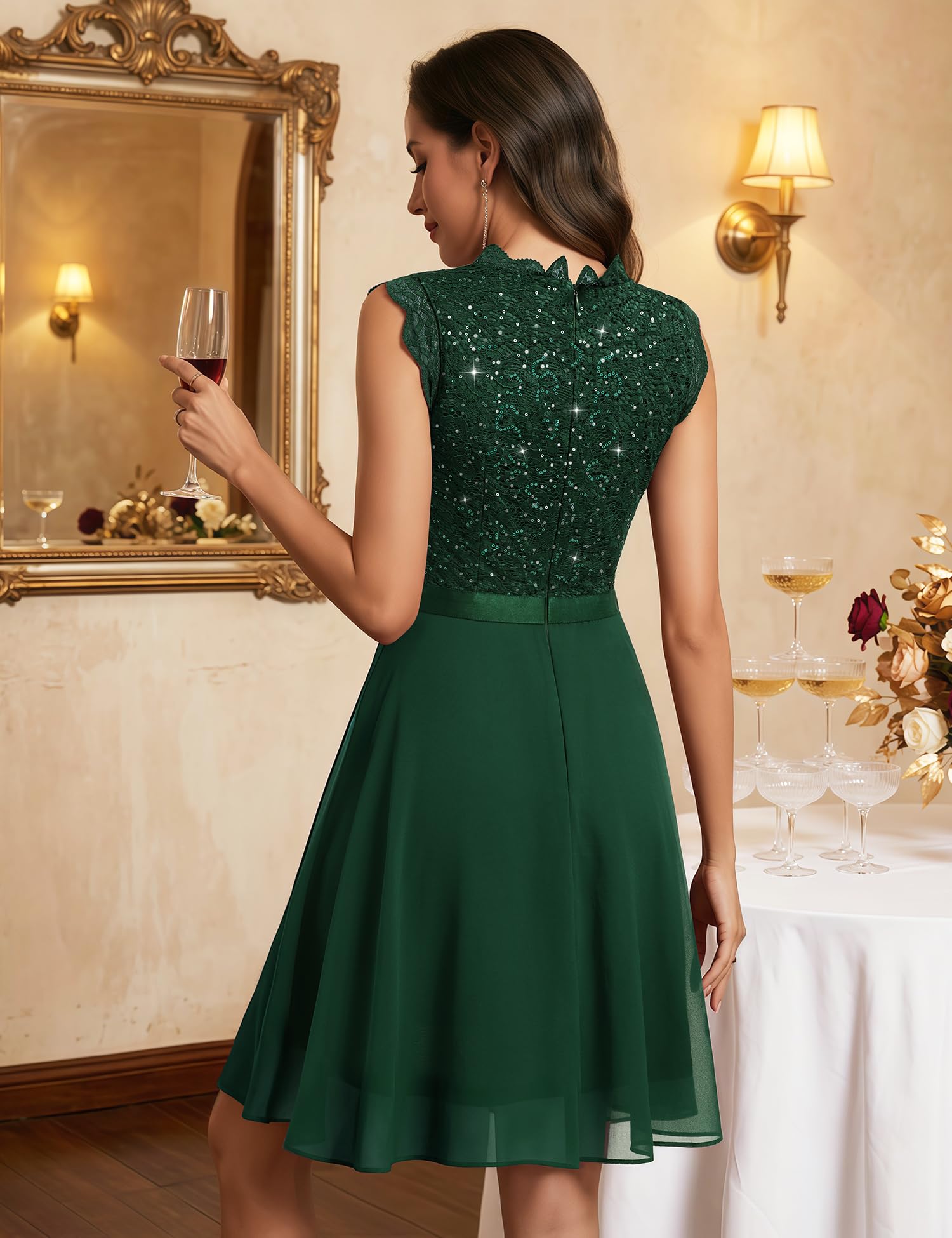 Pailletten Cocktailkleid Damen Elegant Knielang Glitzerkleid Chiffon Kleider Hochzeitskleider