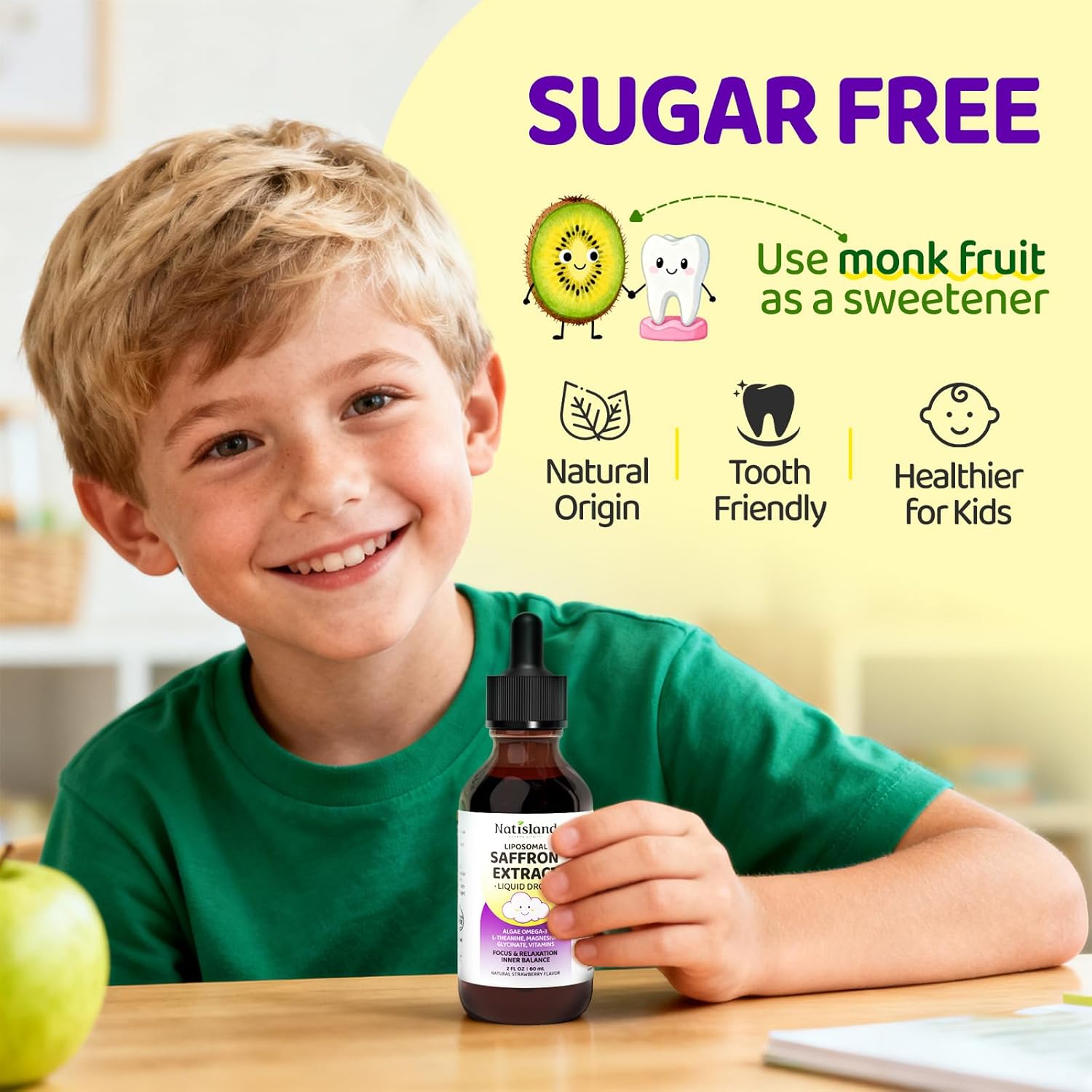 Liposomal Saffron Drops for Kids, Organic Saffron Extract Supplements with Holy Basil, Rosemary for Focus, Attention & Brain Support, Vegan, Alcohol-Free, Strawberry Flavor, 4 FL OZ