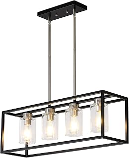 XILICON Brushed Nickel +Black l Dining Room Chandeliers Lighting Fixture Linear Pendant Modern 4-Light with Glass Shades Vintage Farmhouse Ceiling Light Hanging for Kitchen Island Cafe Bar