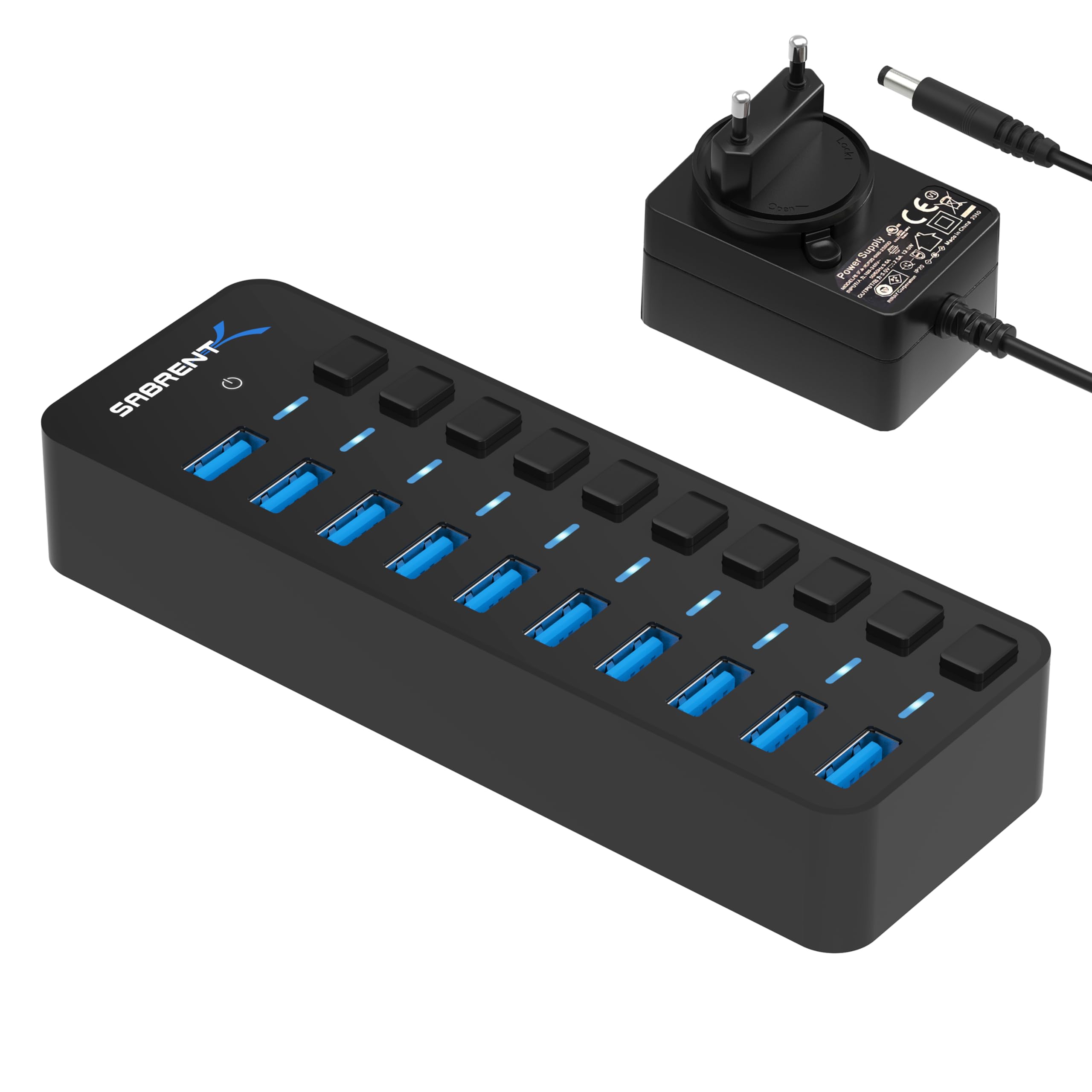 Sabrent USB Hub aktiv 3.0 mit netzteil 60W 10port, USB Adapter mehrfach Verlängerung, USB Verteiler, Powered USB hub, langes Kabel mit EIN/AUS-schaltern, für PS5, PC, Laptop, MacBook, usw. (HB-BU10)