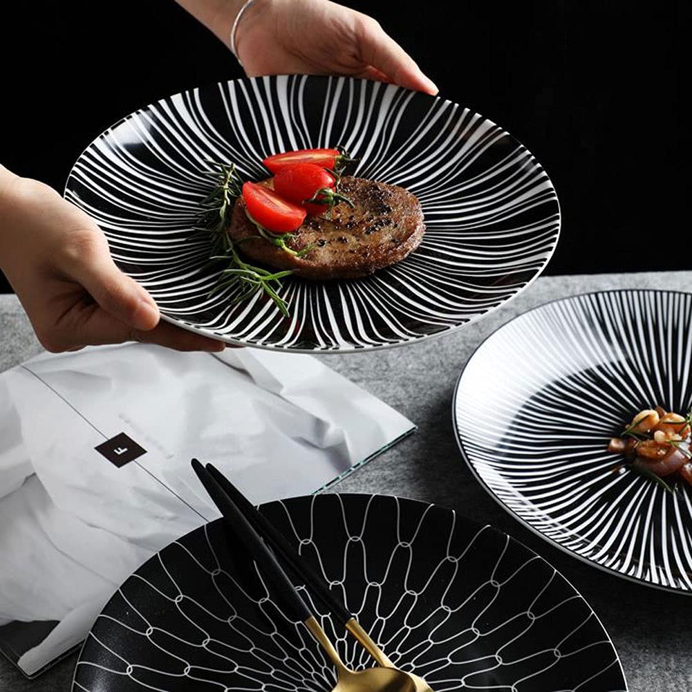 Piatti da Porzione per Brunch Piatti da dessert in ceramica da 10 pollici Piatti a strisce in bianco e nero Piatti a strisce con motivo for insalata di pasta bistecca e snack piatti di piatti a snodo