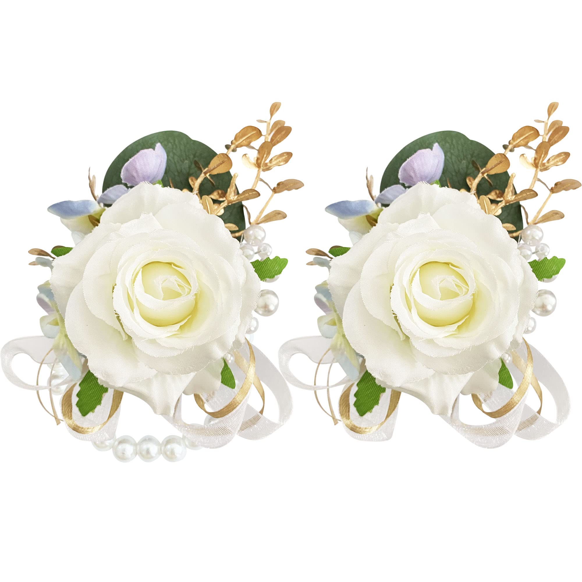 YOKOKE Corsage and Boutonniere Set, Handmade Artificial Peony Rose Wrist Corsage Wristlet and Groom Boutonniere for Men Wedding Prom Suit Decorations (White Rose Gold Leaf)