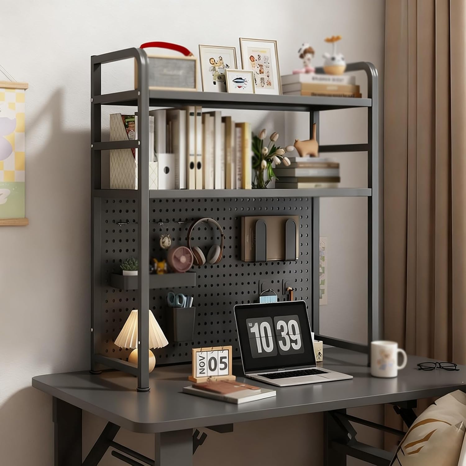 二重層メタルデスク本棚、ペグボード付きトップ、家庭、オフィス、寮、工具収納用のメタル(Black double layer,55cm