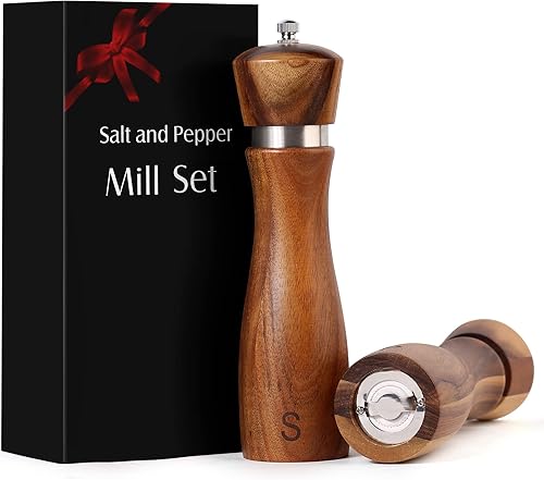Miniatura 8 de Vicenza Home Juego de molinillo de sal y pimienta de cocina, juego de molinos de sal y pimienta de madera, hecho de madera de acacia maciza con