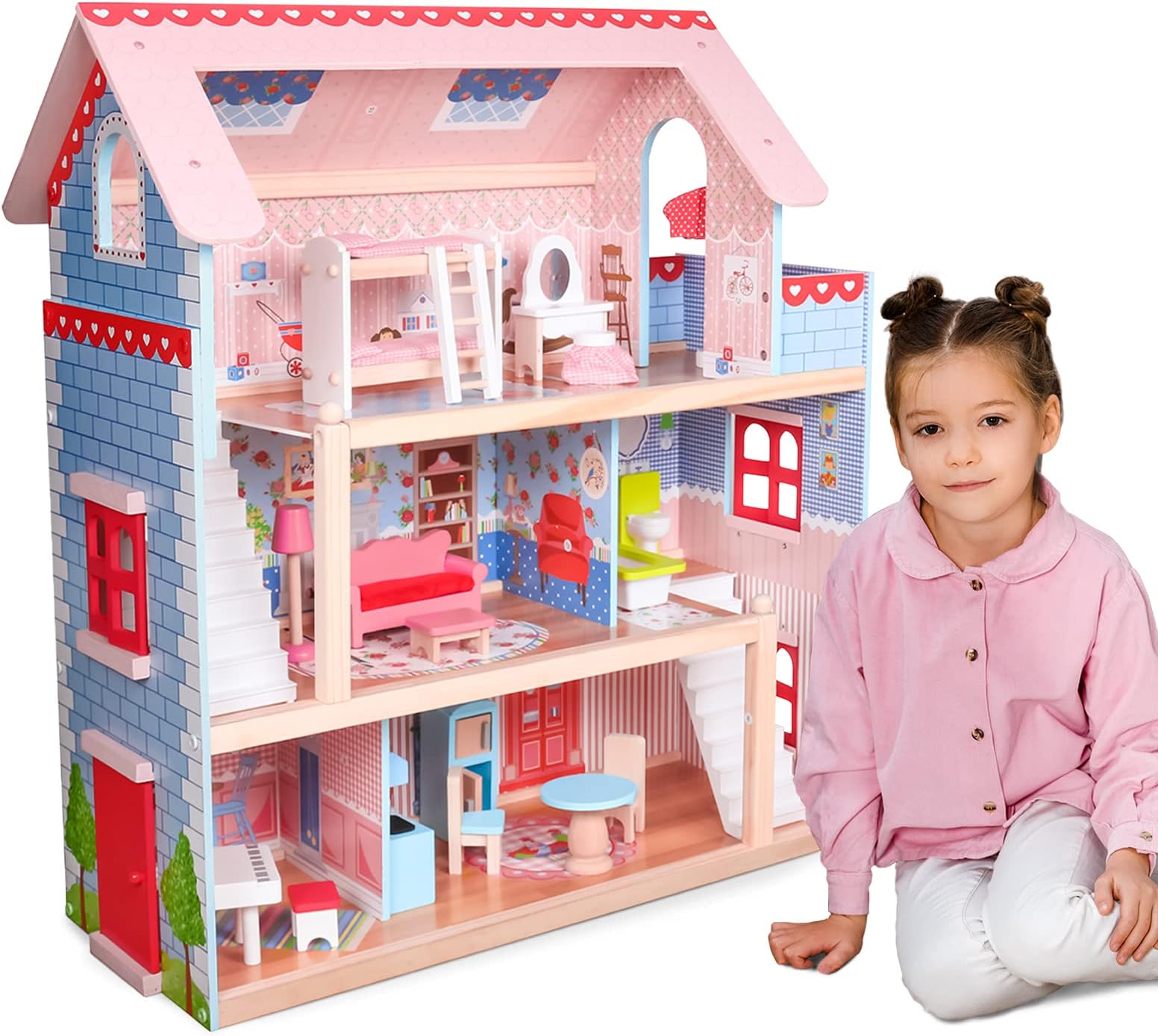 InfantasticWooden Doll House - Large: XL (60 x70x30cm), for 5.11”/13cm Dolls, LED, 16 Accessories and Furniture, 3 Storeys/5 Rooms - Doll Houses, Princess, Girls, Big, Dream, Kids, Modern, Castle