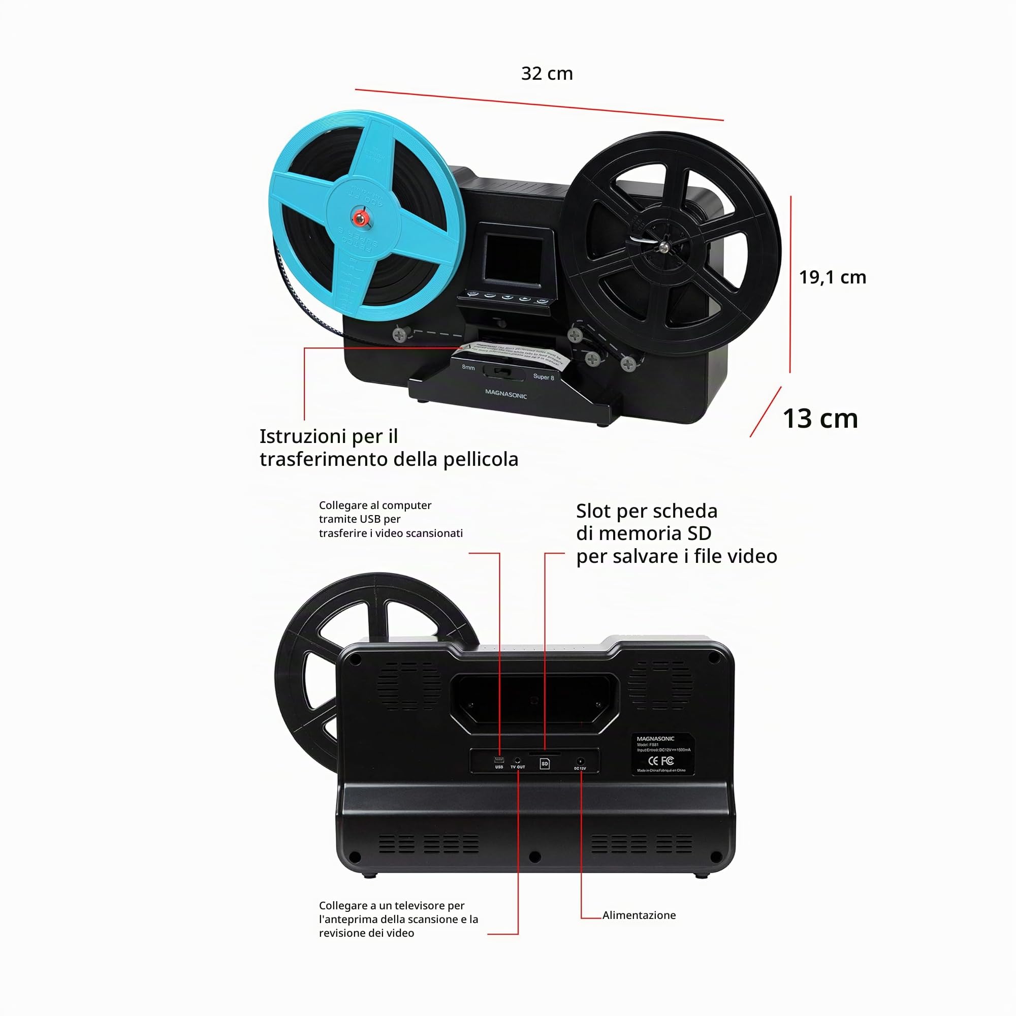 Magnasonic Super 8/8mm Film Scanner, converte la pellicola in video digitale, schermo vibrante da 2,3", digitalizza e visualizza 3", 5" e 7" Super 8/8mm (FS81)