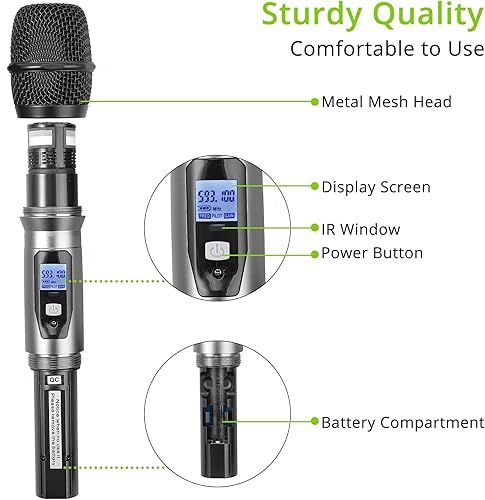 Miniatura 4 de LiNKFOR Sistema de micrófono inalámbrico, micrófono inalámbrico UHF de doble canal, 2 x 100 canales, micrófonos portátiles de mano, rango de