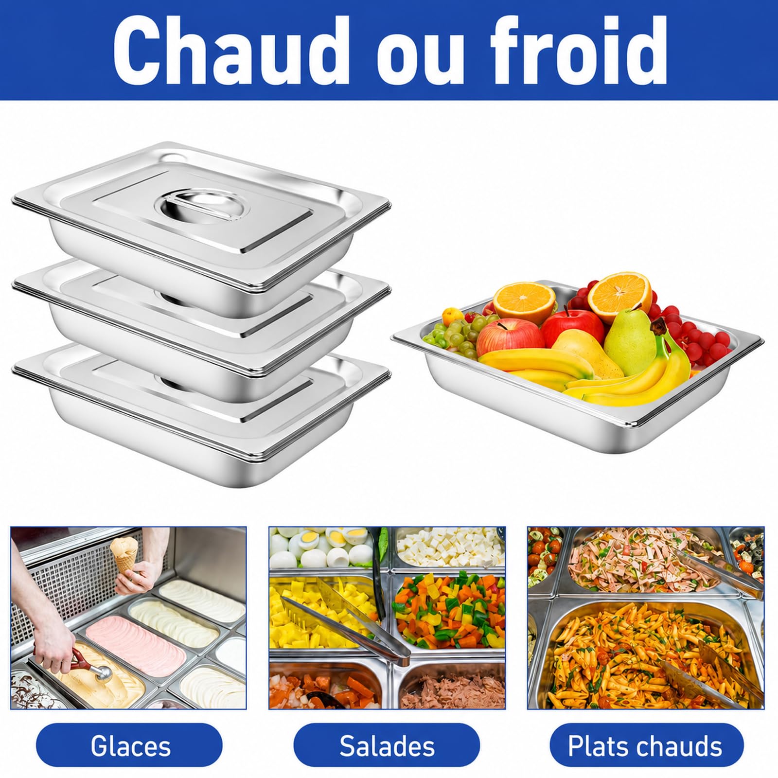 Lot de 4 Bacs Gastronormes GN 1/2 avec Couvercles – Bac GN Professionnel en Acier Inoxydable Profondeur 65 mm – Plat Inox Empilable pour Buffet, Chafing Dish et Restauration