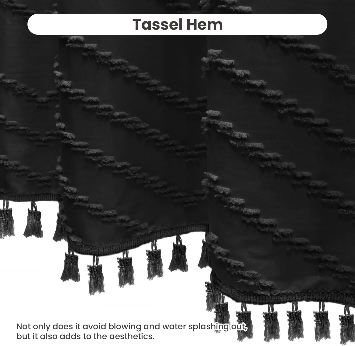 Inhousolu Extra Long Boho Woven Fabric Shower Curtain, Tufted Textured Chevron Striped Tassel, Farmhouse Minimalist Cloth, Water-Repellent Washable Bath Curtain for Bathroom Hotel 72" W x 96" L Black
