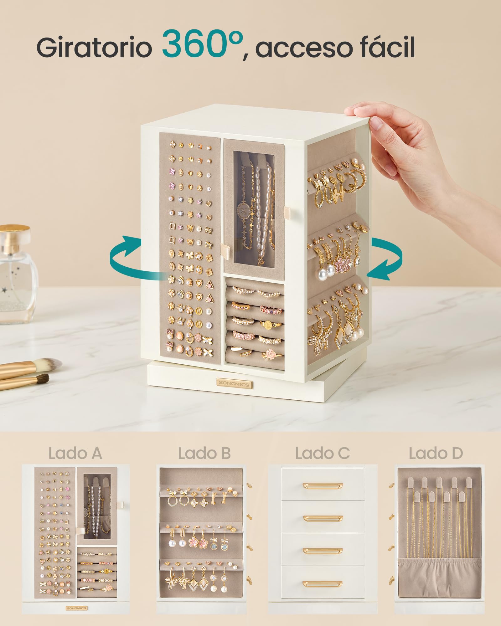 SONGMICS Caja de Joyería Giratoria 360°, con 4 Cajones