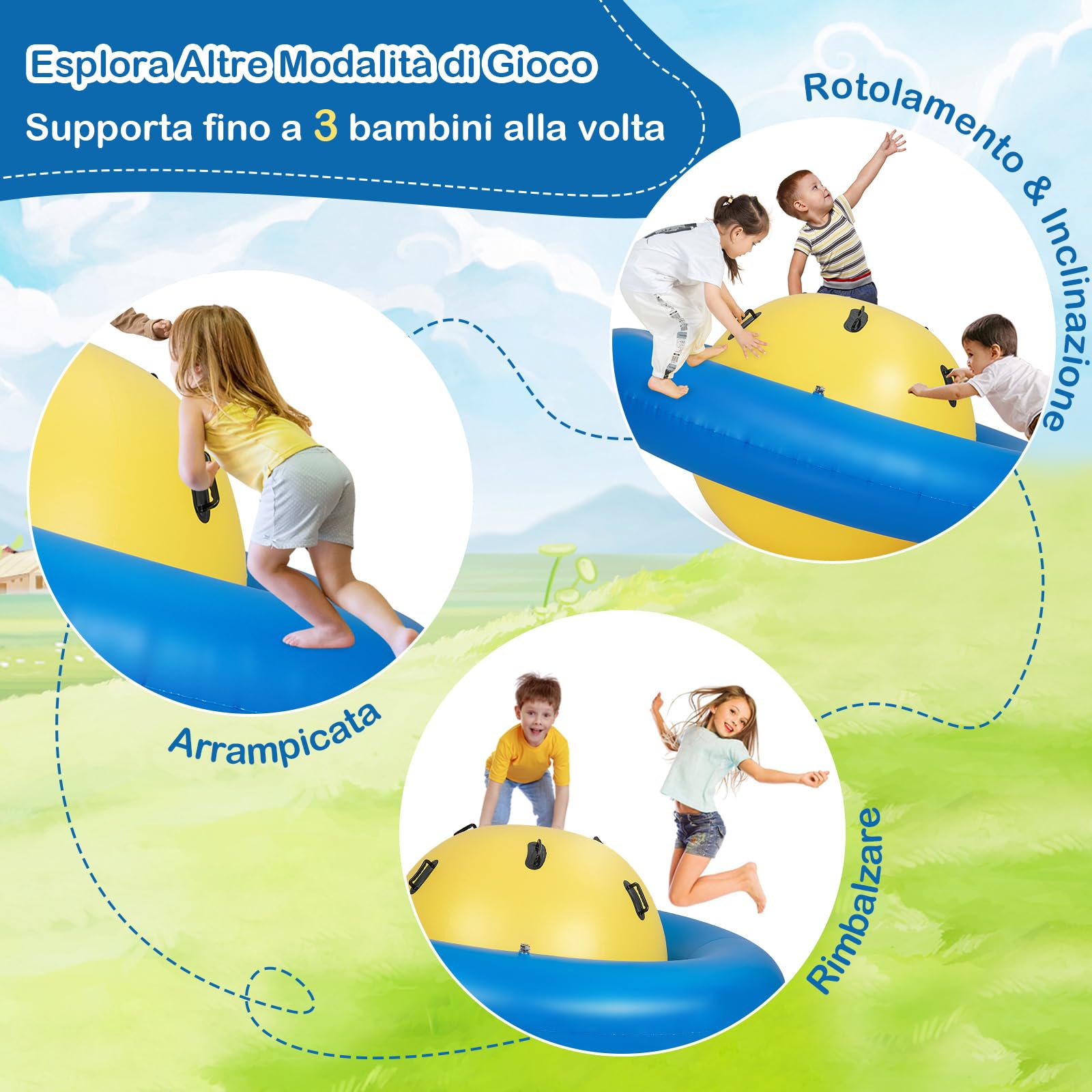 COSTWAY Giostra Gonfiabile a Pianeta per Bambini da 223CM per Inclinare, Arrampicarsi e Saltare con 6 Maniglie Incorporate, Giocattolo Spaziale per Esterno per Bambini dai 5 Anni+ (Giallo+Blu)