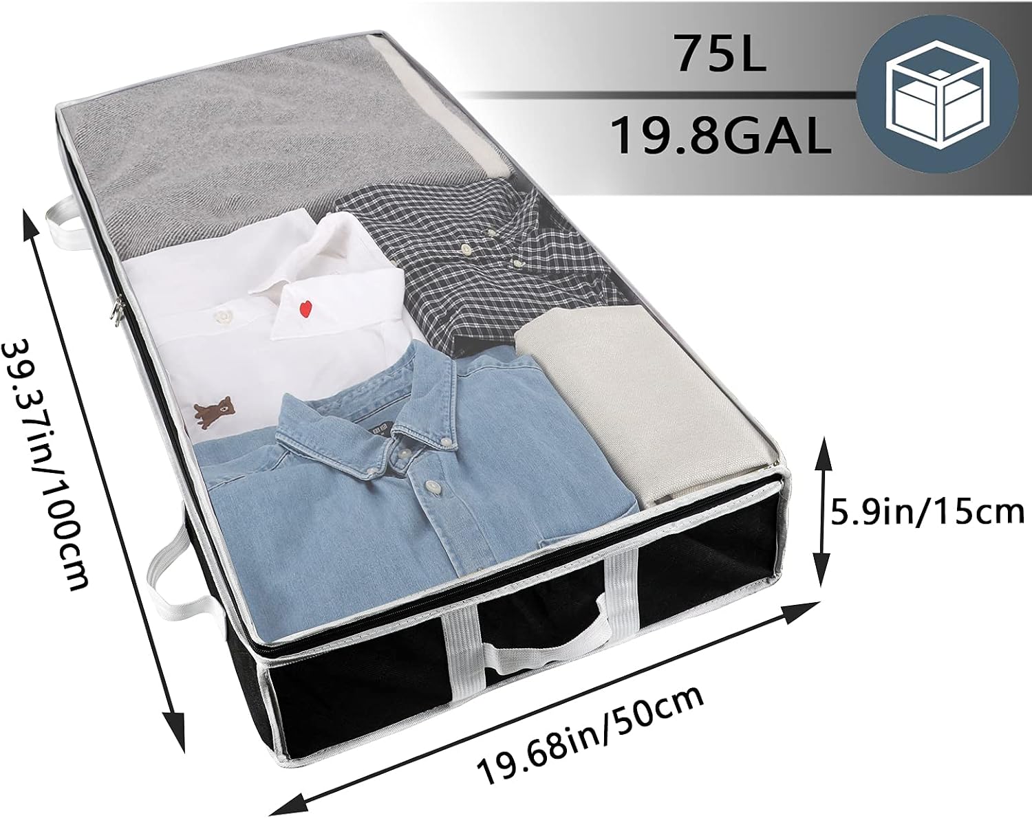 SGHUO 3 Pack Underbed Storage Containers Organizer, Large Under Bed Storage Bags with Clear Windows, 4 Reinforced “H” Handles for Blankets, Comforters, Clothes, Foldable, Black