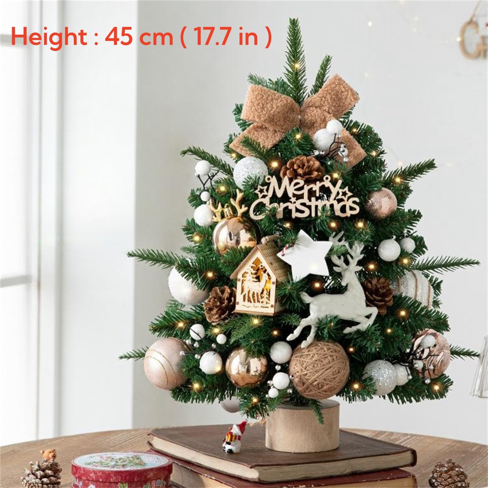 Albero di Natale da tavolo in legno bianco da 45 cm con luci ornamentali, mini decorazione da appendere per feste di Natale fai da te