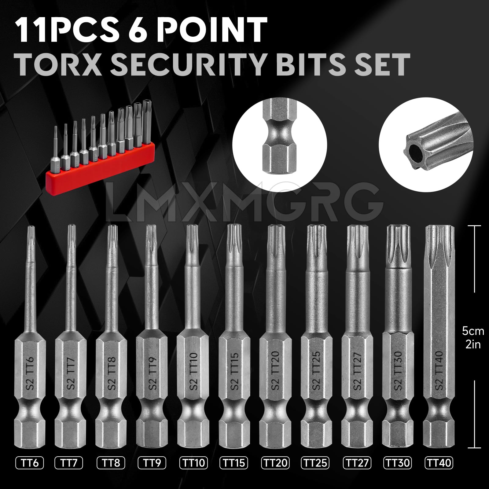 Lot de 11 embouts Torx de sécurité 6 points en forme d'étoile - Tournevis magnétique S2 en alliage d'acier avec tige hexagonale de 6,35 mm TT6-TT40 (50 mm)